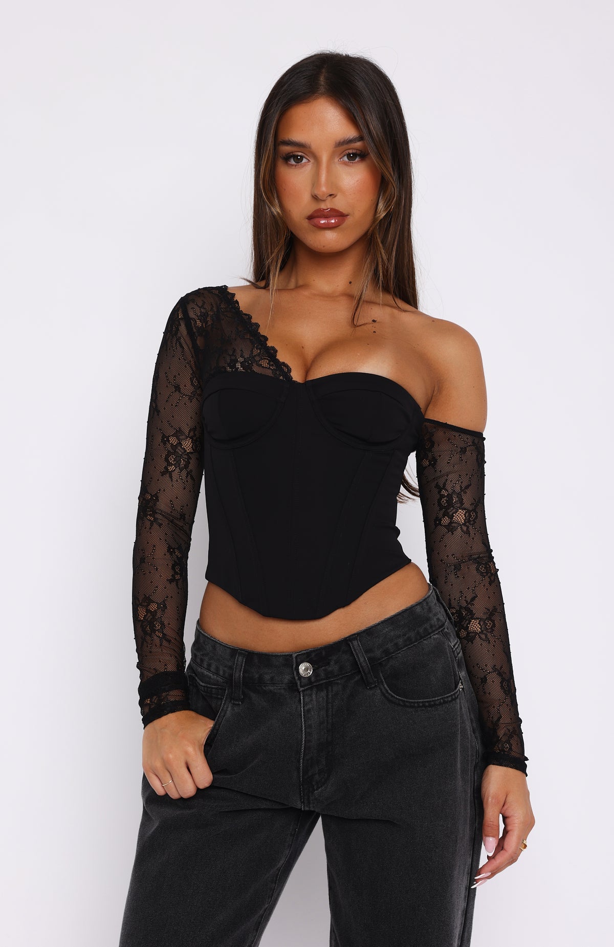 Time Will Tell Long Sleeve Bustier Black | White Fox Boutique US