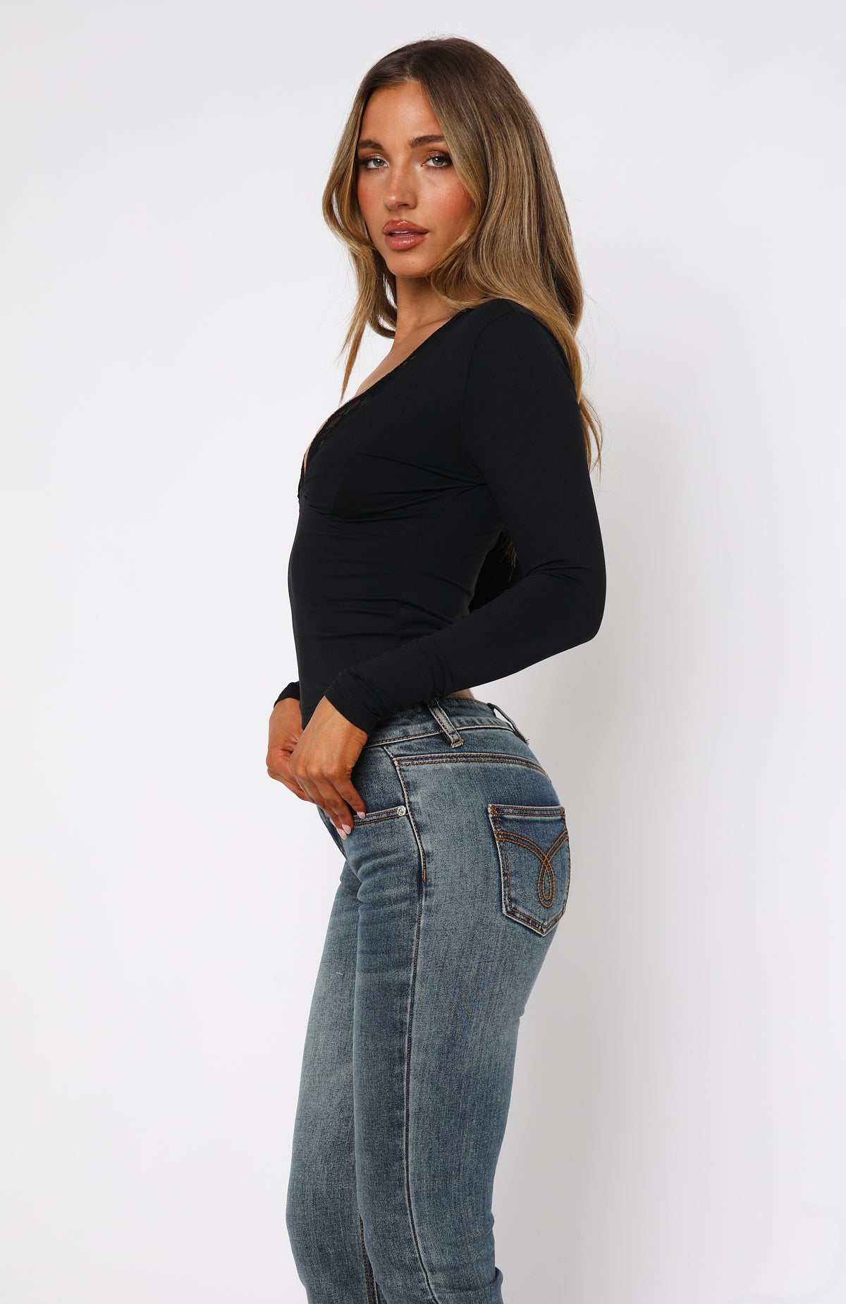 Knew That All Along Lace Trim Long Sleeve Top Black | White Fox