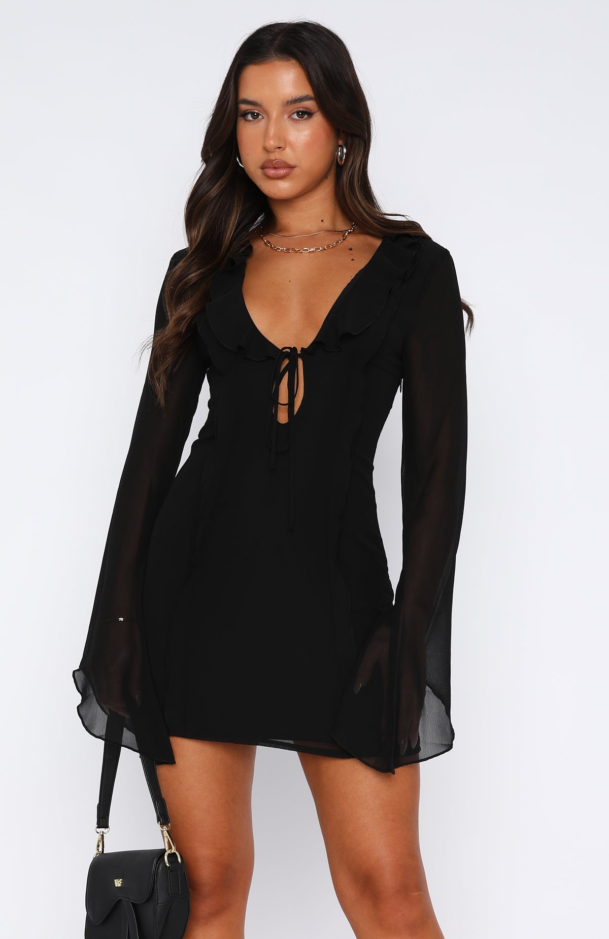 Falling To Pieces Long Sleeve Mini Dress Black | White Fox Boutique US