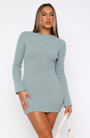 Get On Down Long Sleeve Knit Mini Dress Steel Blue