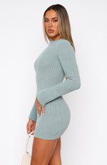 Get On Down Long Sleeve Knit Mini Dress Steel Blue