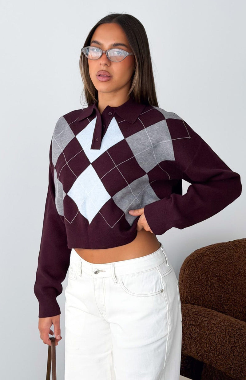 Cinzia Argyle Knit Sweater Mulled Merlot