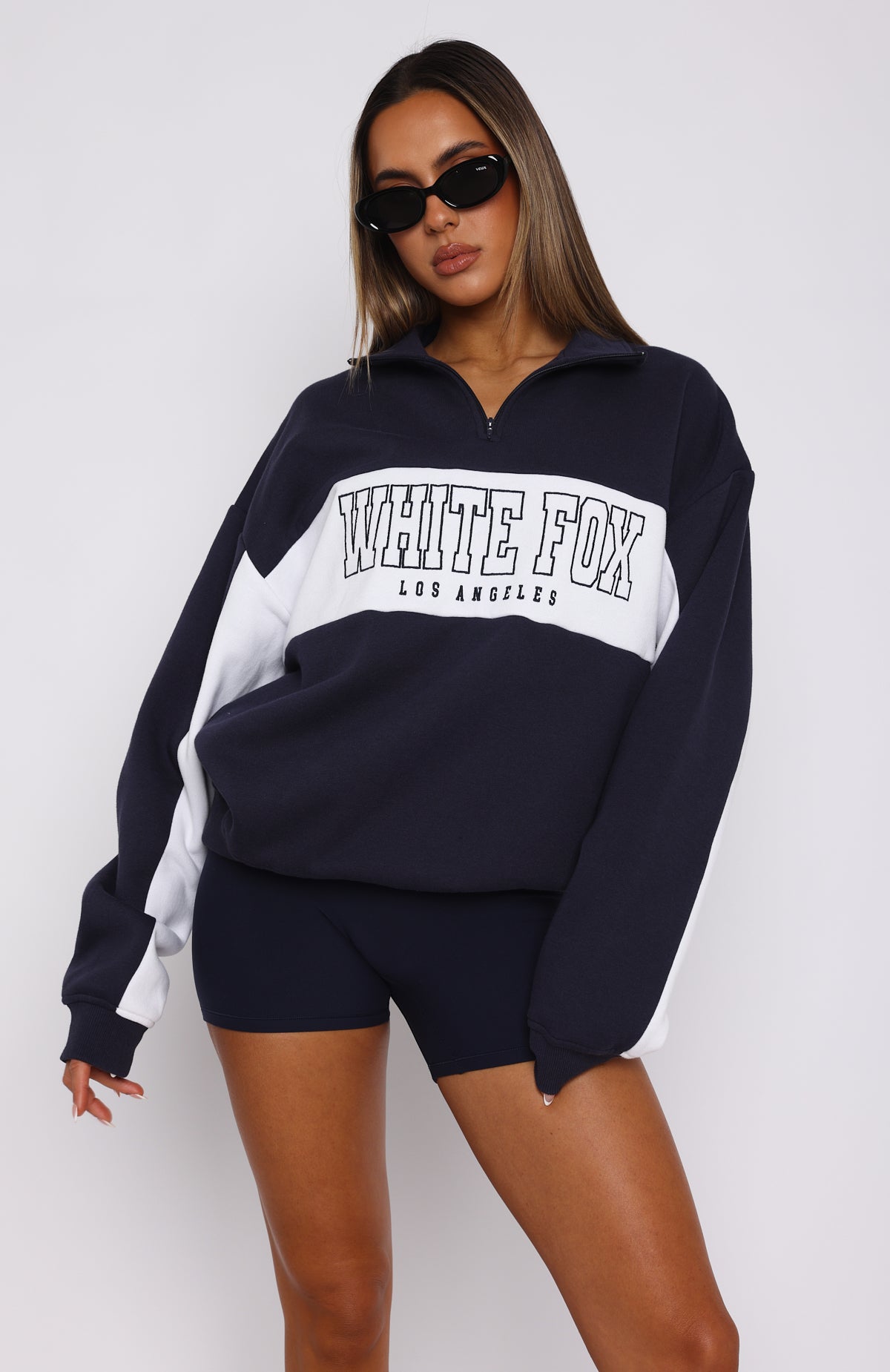 Jokes On You Zip Front Sweater Navy | White Fox Boutique US