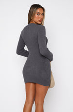 Get On Down Long Sleeve Knit Mini Dress Charcoal