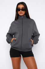 Just The Beginning Zip Front Sweater Charcoal