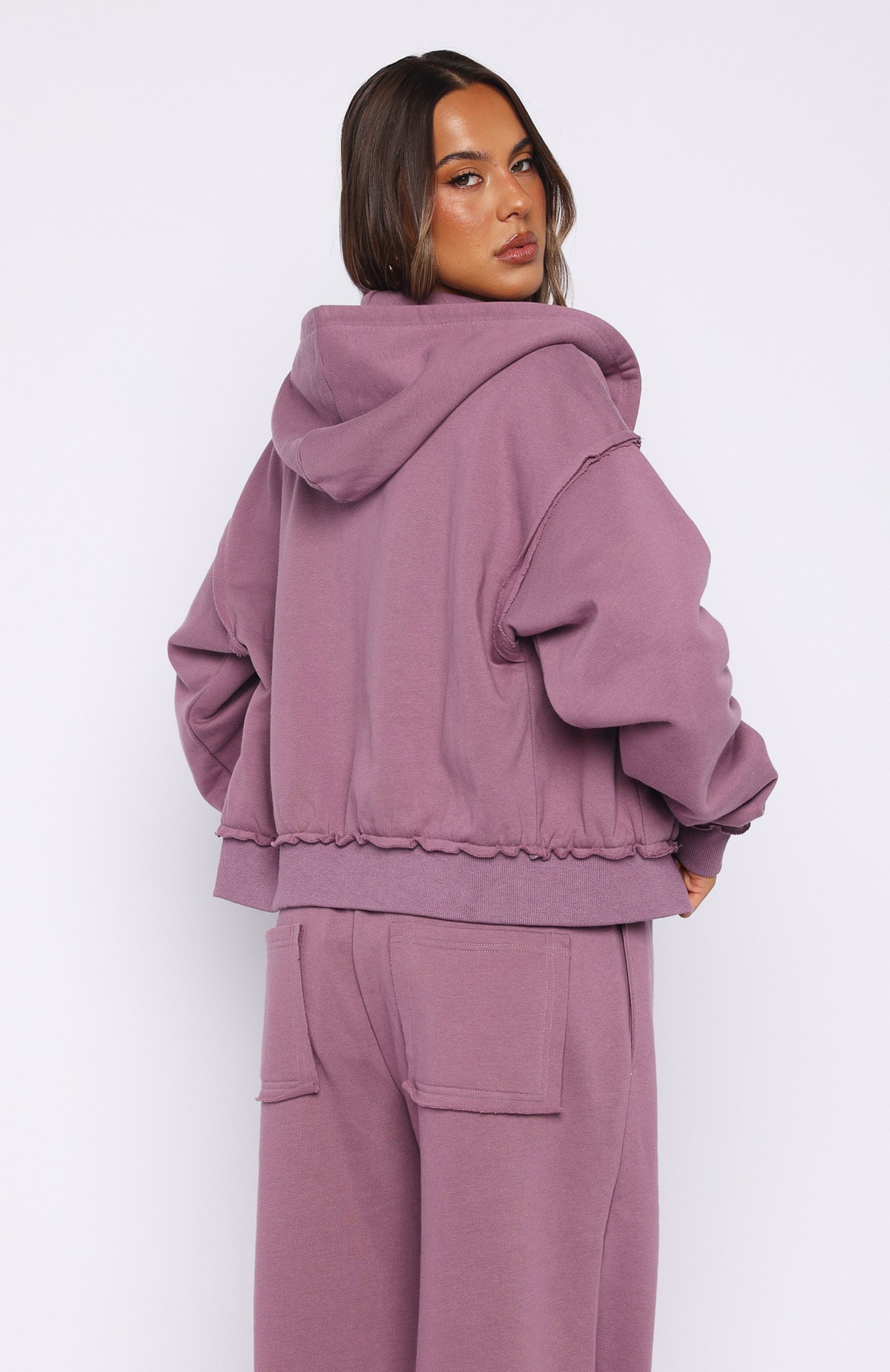 On My Own Terms Boxy Zip Front Hoodie Dusty Plum | White Fox