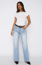 Unmatched Studded Mid Rise Straight Leg Jeans Cerulean Wash