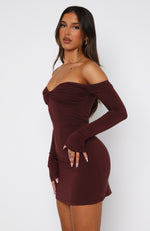 Running Out Of Time Off Shoulder Long Sleeve Mini Dress Chocolate