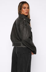 In This World Pu Biker Jacket Charcoal Wash
