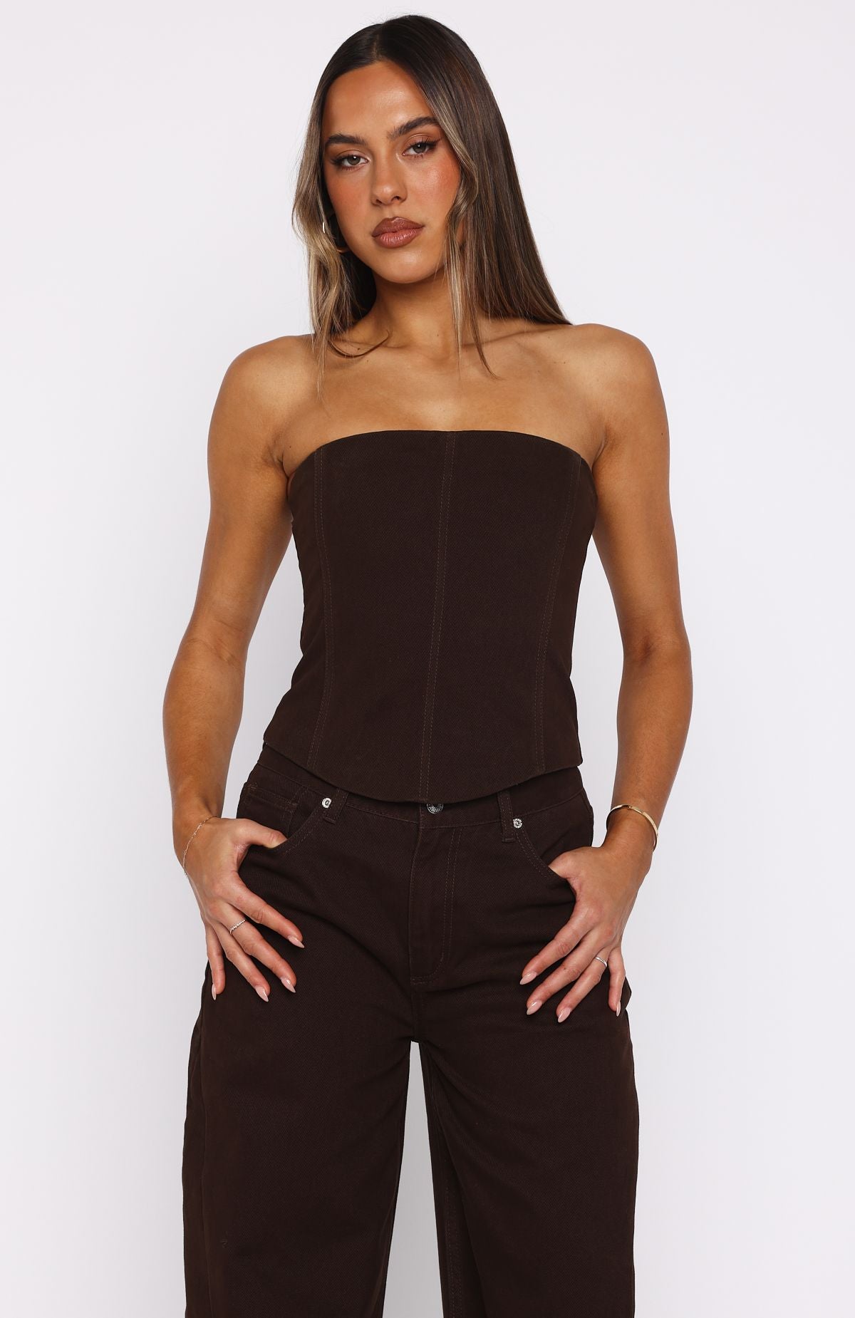 Be Mine Forever Denim Bustier Chocolate Wash | White Fox Boutique US