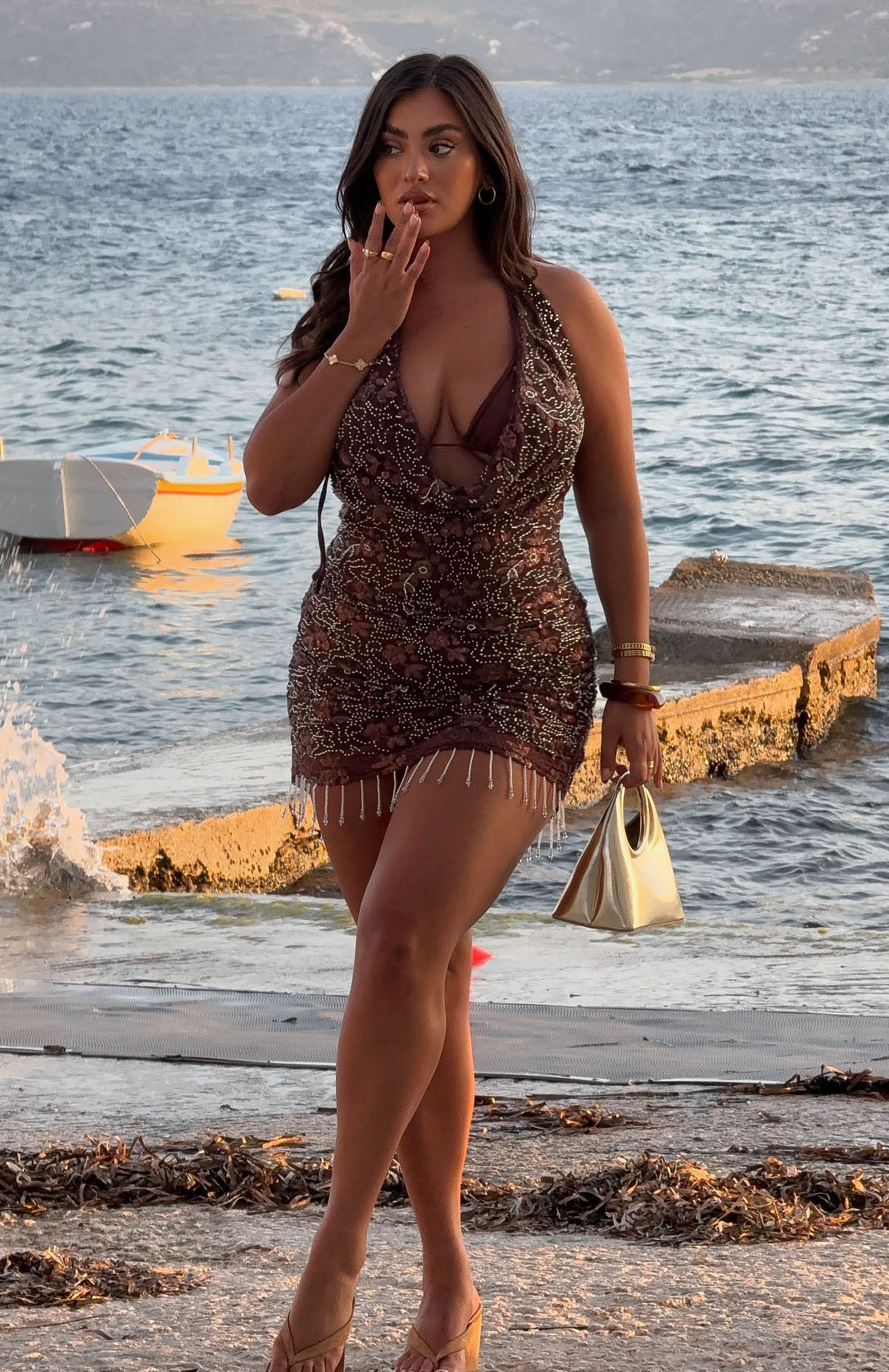 knee length dresses for ladies Barcelona Dreams Beaded Mini Dress Chocolate main image 0