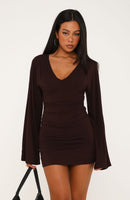 Catch Me At Sunrise Long Sleeve Mini Dress Dark Chocolate