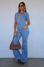 Not About You Denim Jumpsuit Mid Blue