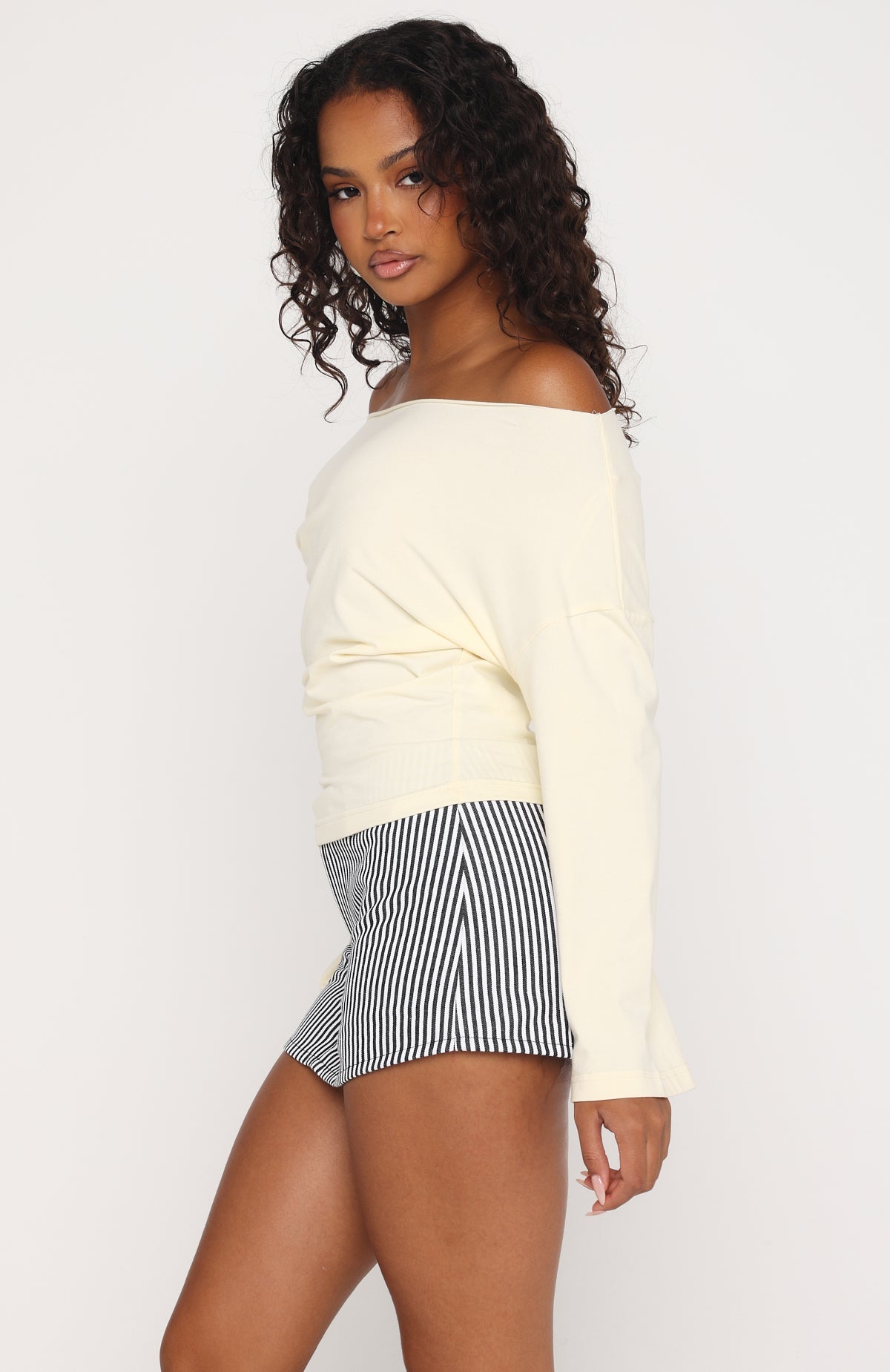 Falling For Him Cinched Waist Off Shoulder Long Sleeve Top Butter ...
