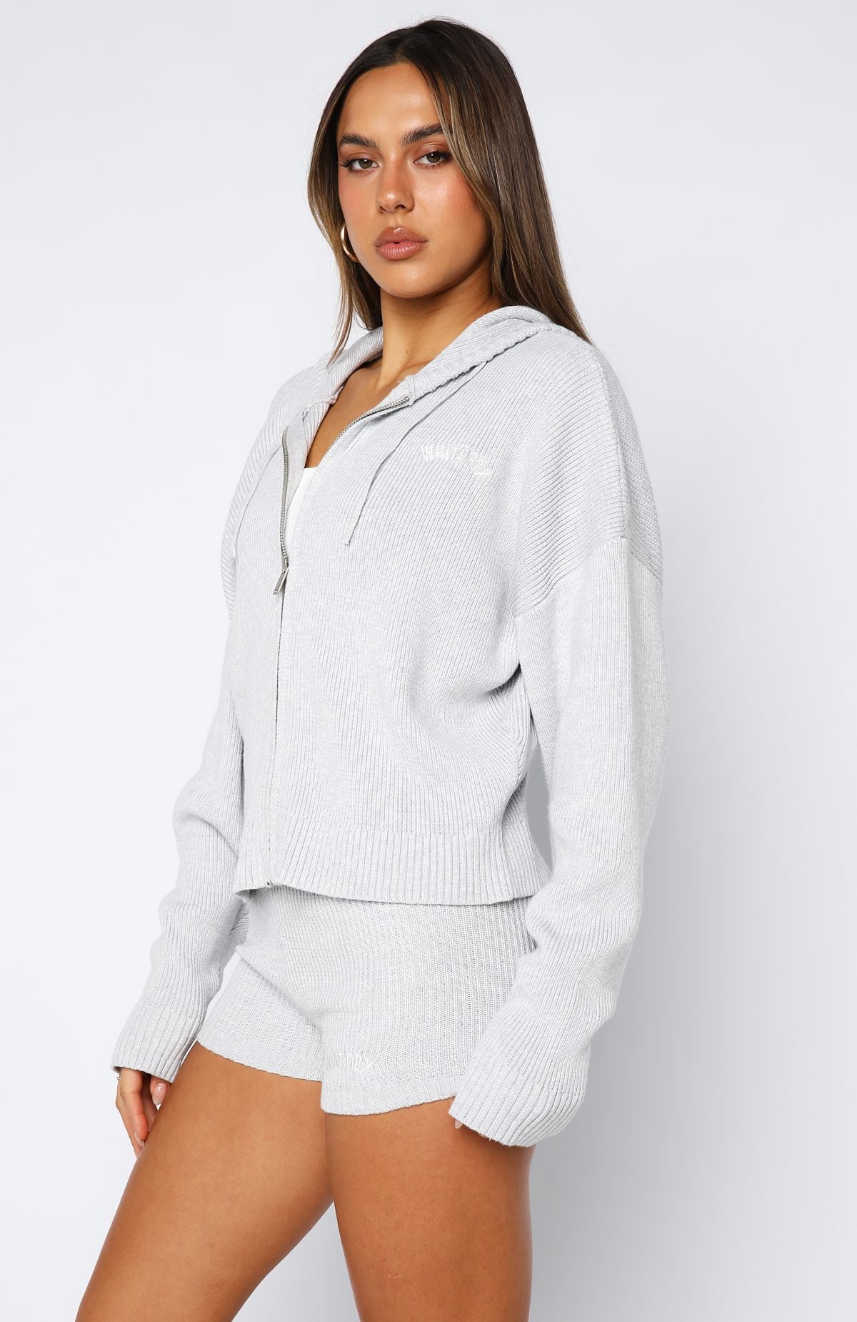 Floating By Knit Zip Front Hoodie Grey Marle | White Fox Boutique US