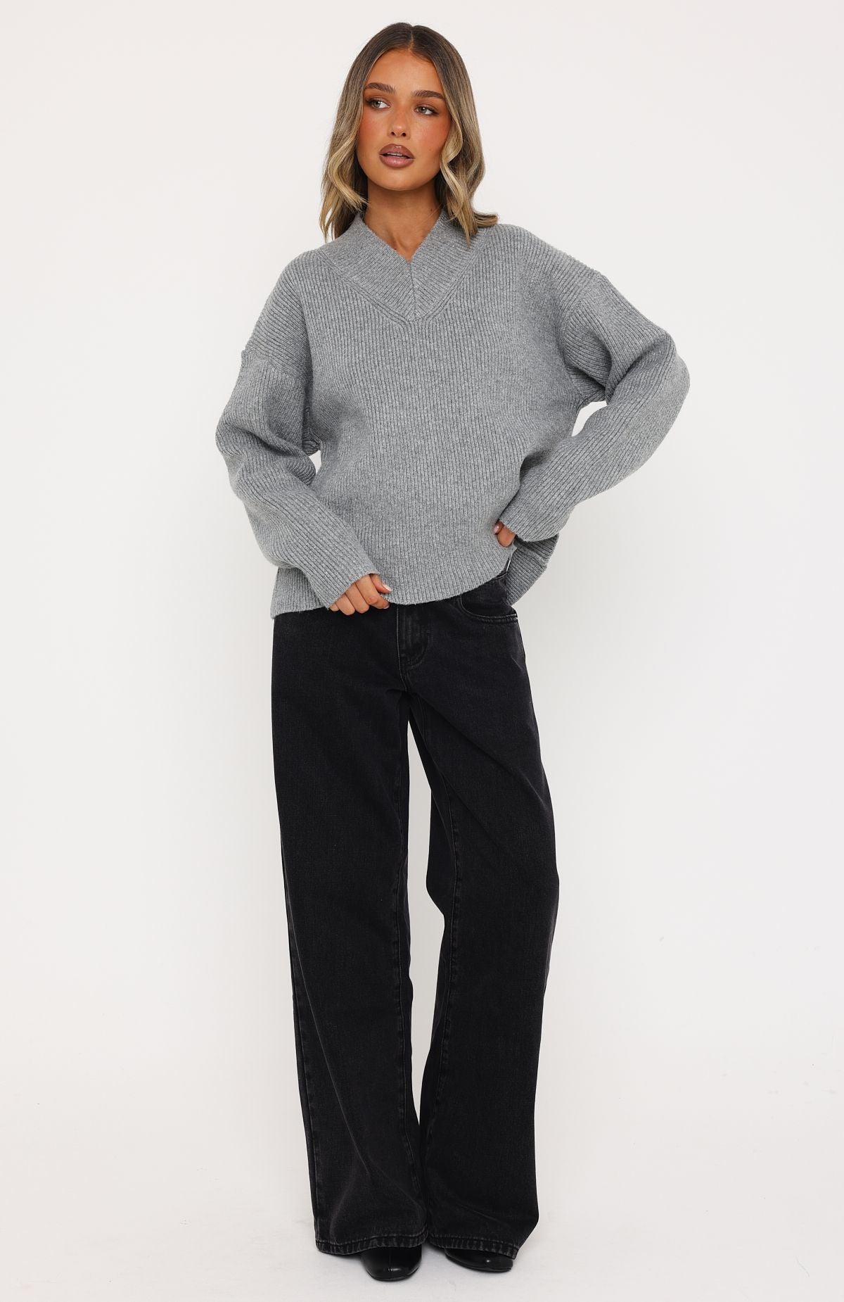 Luzia V Neck Knit Sweater Grey | White Fox Boutique US