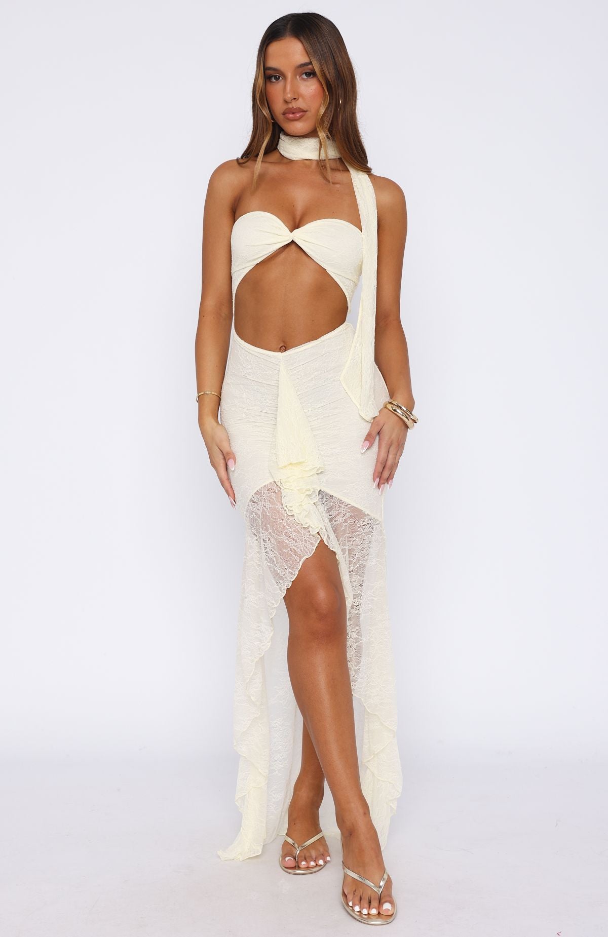 slim fit dress slacks Inner Goddess Lace Maxi Dress Lemon