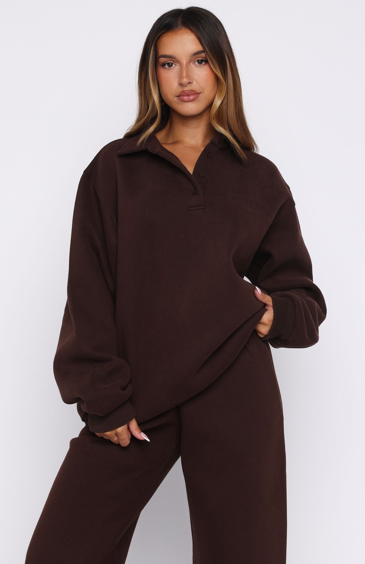 Chill Moves Oversized Henley Sweater Chocolate | White Fox Boutique US