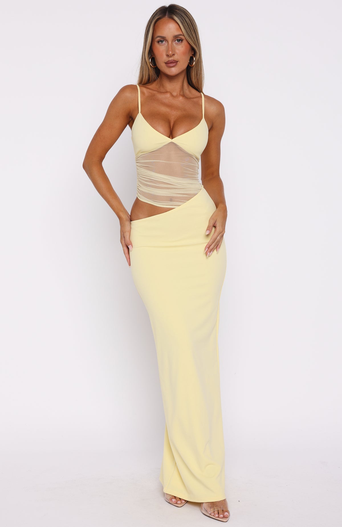 fitted lace wedding dress Call Me Up Maxi Dress Lemon
