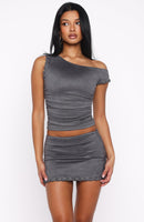 Sweetest Love Faux Suede Off Shoulder Top Slate