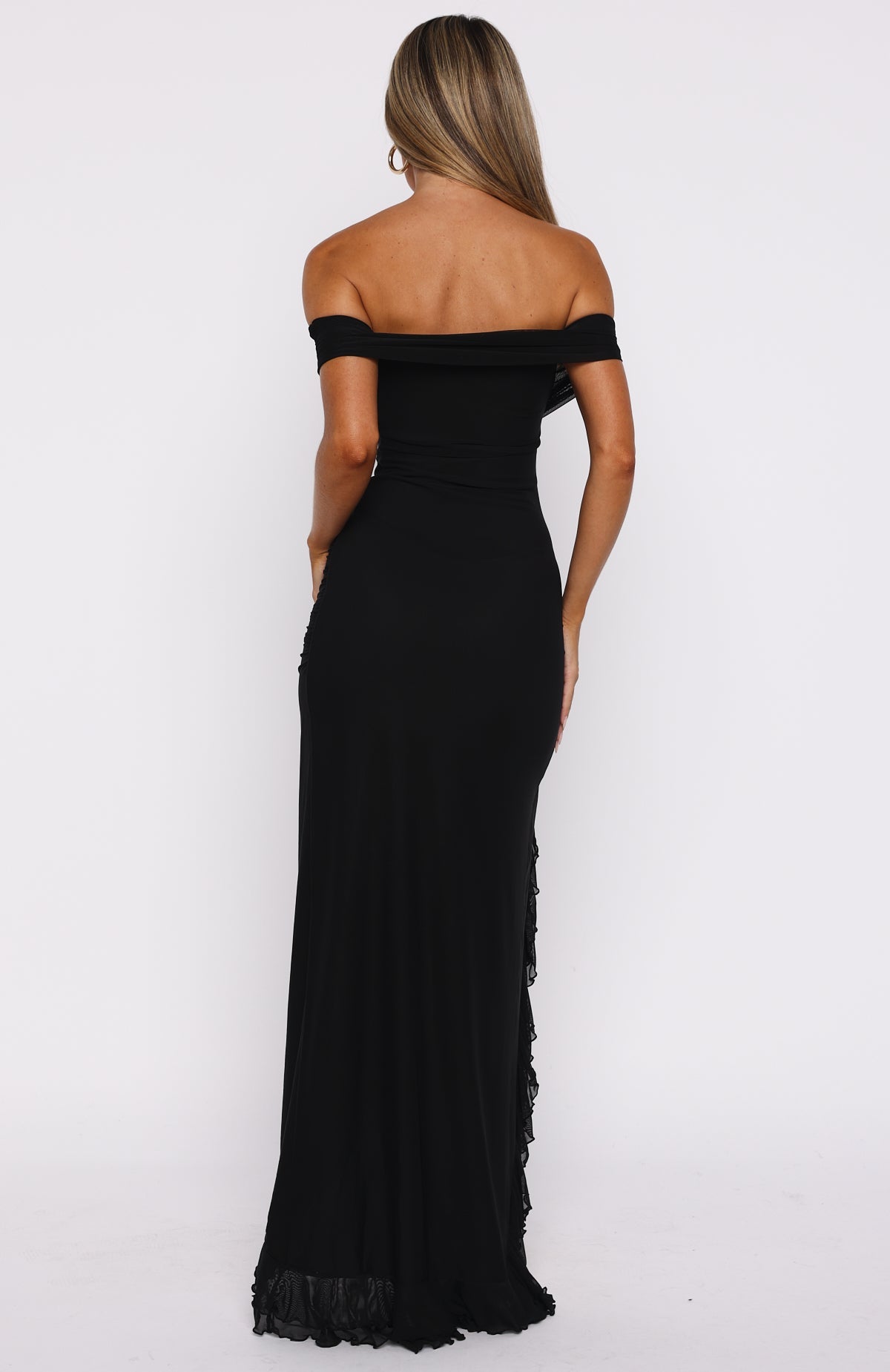 black off the shoulder maxi dress Icon In Motion Off Shoulder Maxi Dress Black
