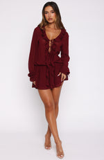 chinese dress ladies Burgundy Short Dress with Long Sleeves main image 1