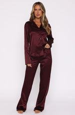 Pillow Talk Long Sleeve Satin Pyjama Set Merlot