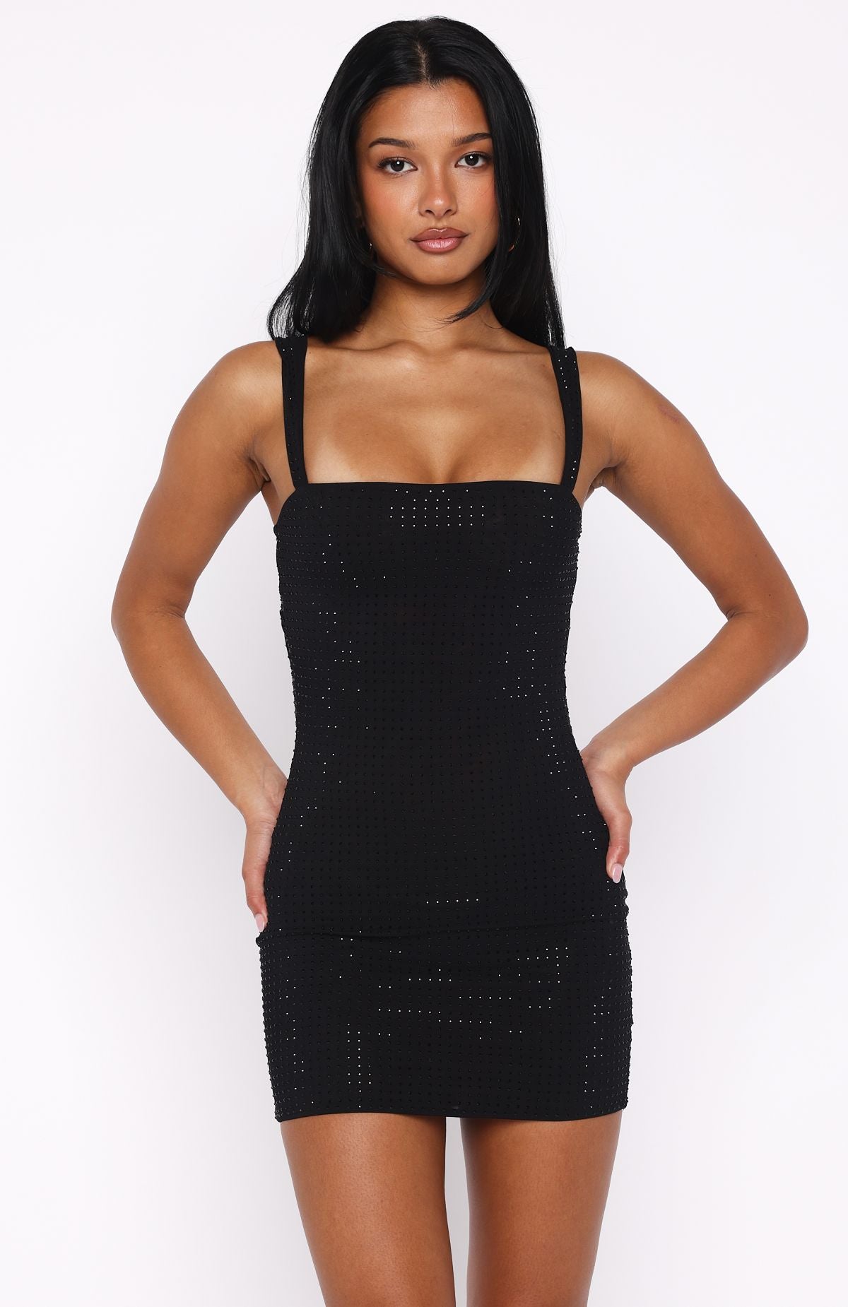 Pump The Volume Embellished Mini Dress Black | White Fox Boutique US