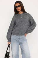 Ottilie Henley Knit Sweater Charcoal