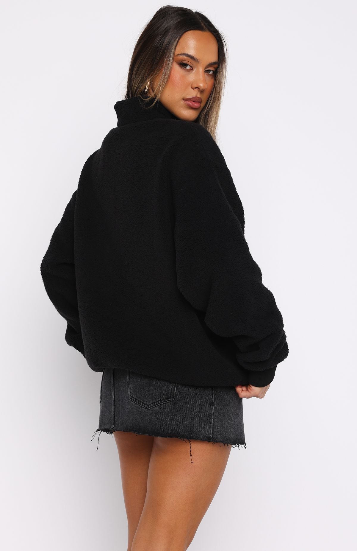 Hard To Stay Focused Teddy Borg Zip Front Sweater Black | White