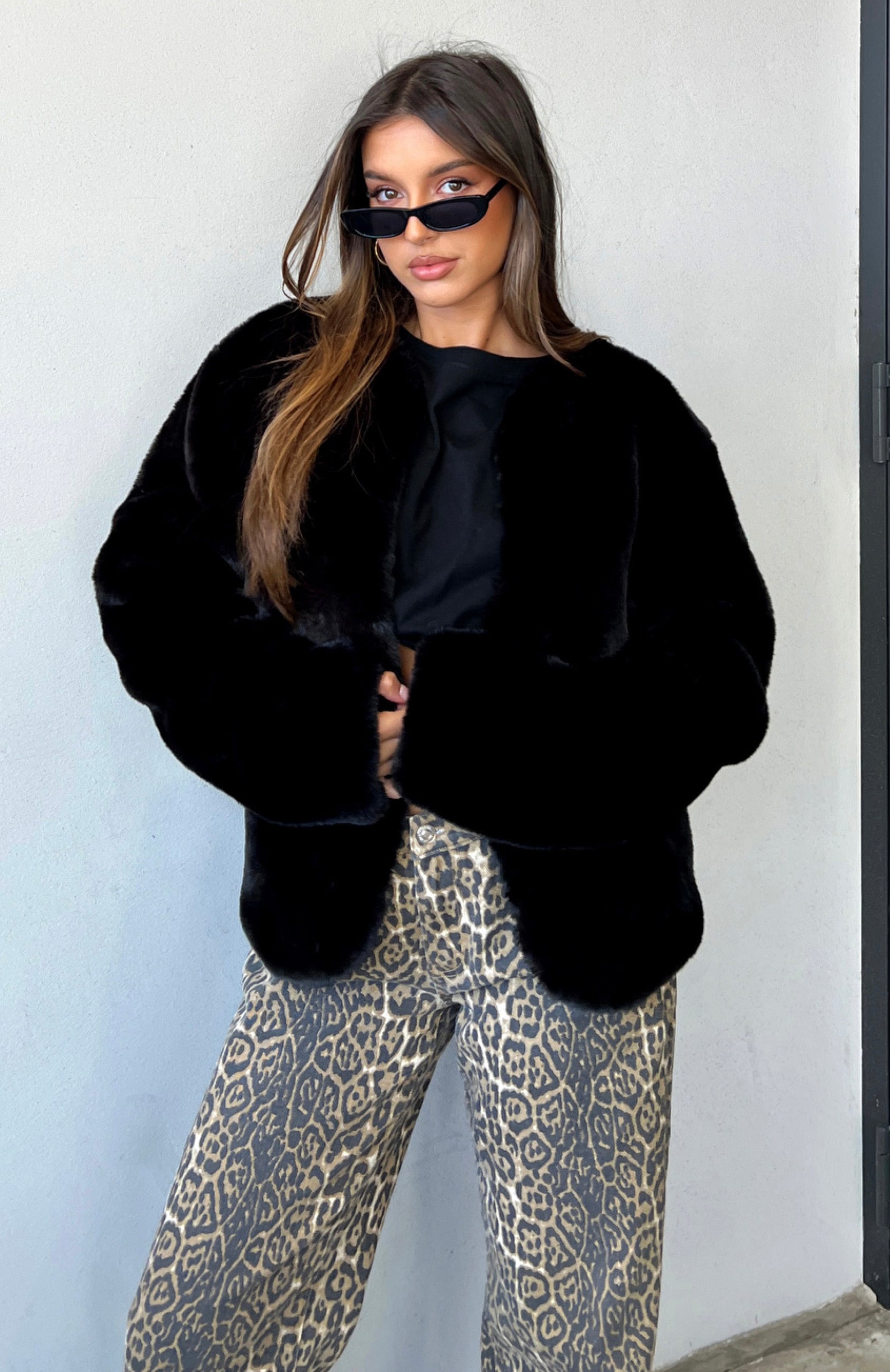 Happy Holidays Faux Fur Jacket Black | White Fox Boutique US
