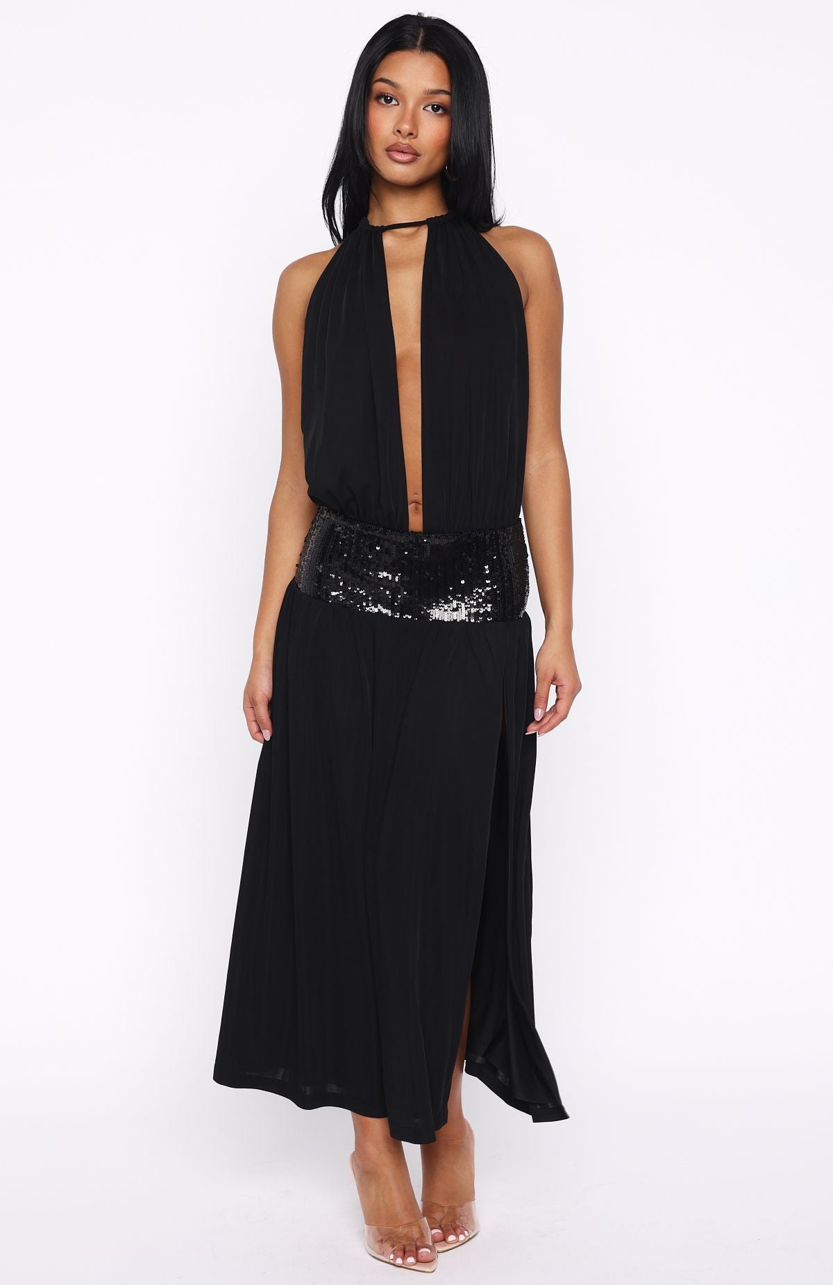 Always Evolving Halter Midi Dress Black | White Fox Boutique US