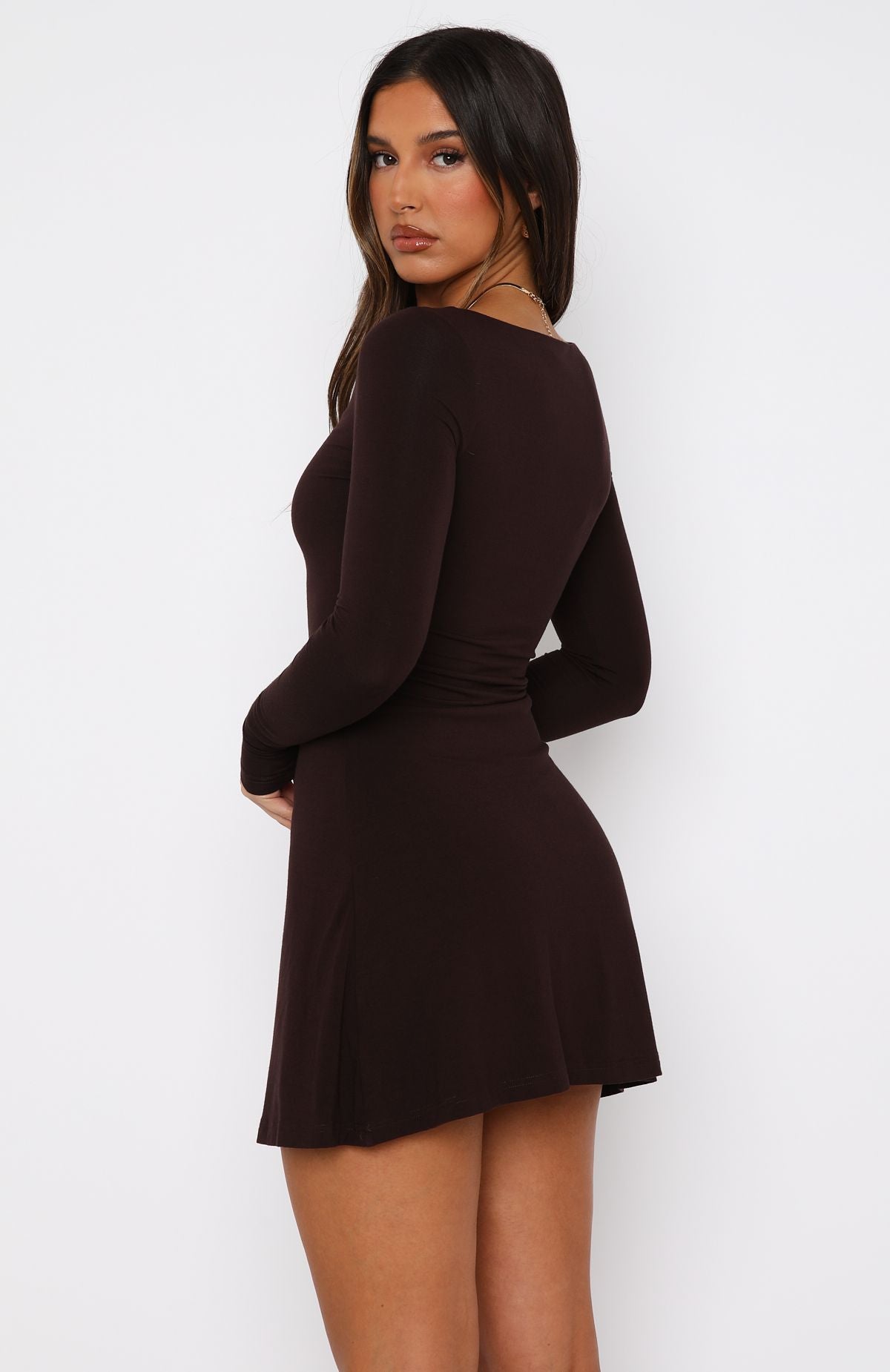 Not The Same Long Sleeve Mini Dress Dark Chocolate | White Fox