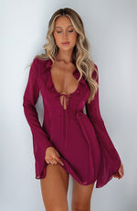 Falling To Pieces Long Sleeve Mini Dress Berry