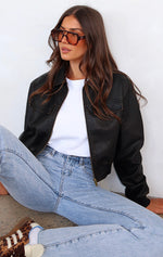 Jaded Nights PU Bomber Jacket Dark Chocolate