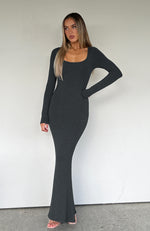 Get My Attention Long Sleeve Maxi Dress Dark Charcoal White Fox Boutique US