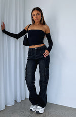 Incomplete Mid Rise Straight Leg Jeans Black