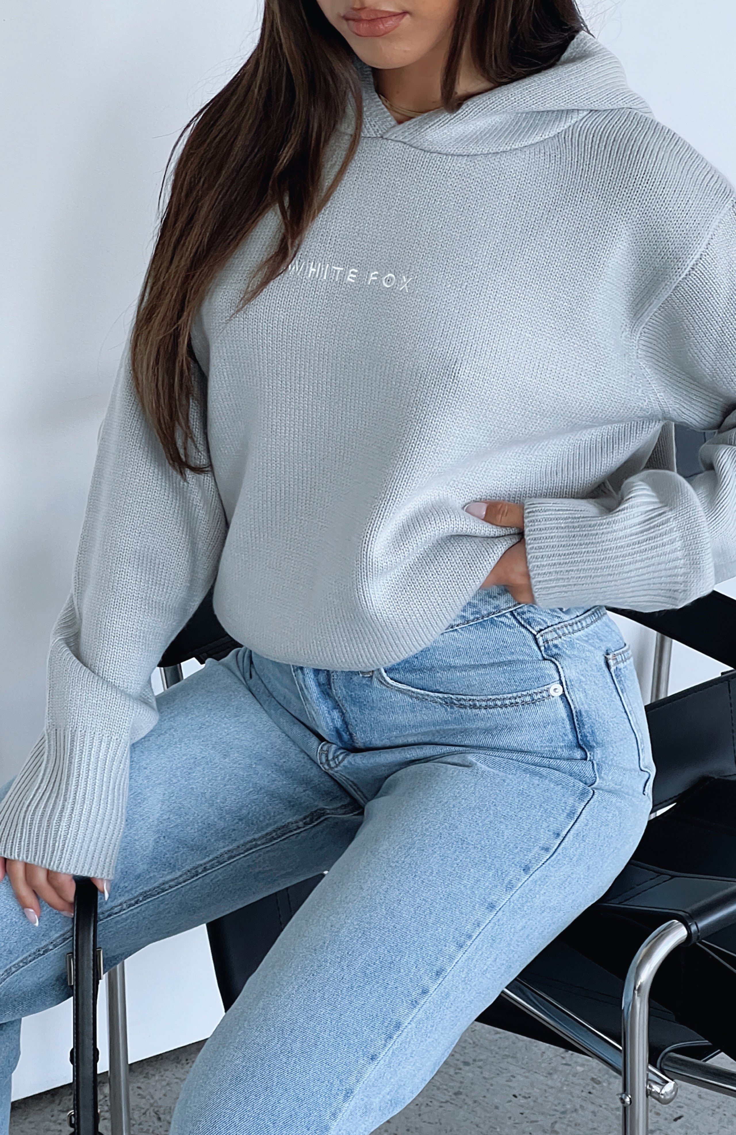 It's Cool Knit Hoodie Light Grey White Fox Boutique US