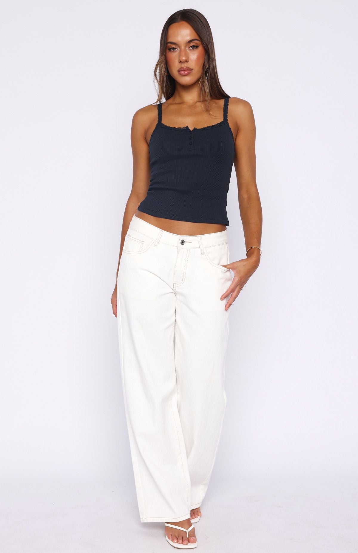 Holding On To You Lace Trim Top Navy | White Fox Boutique US