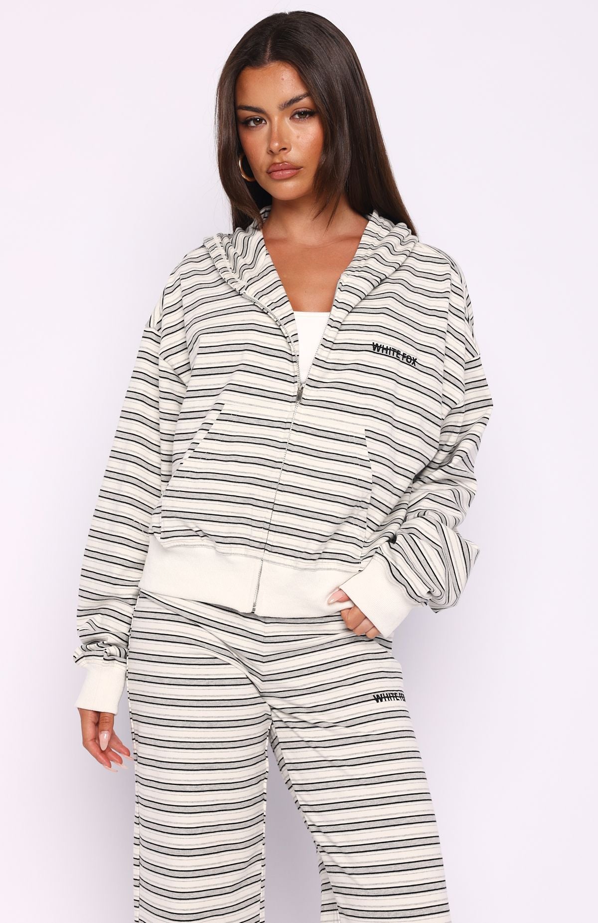 Looking Back Boxy Zip Front Hoodie White Stripe | White Fox