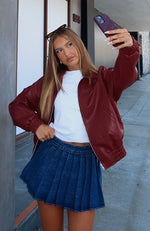 Might Cause Trouble Pu Bomber Jacket Burgundy