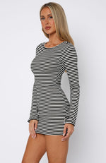 black and white striped long sleeve mini dress Black & White Striped Long Sleeve Knit Mini Dress Black & White / 10