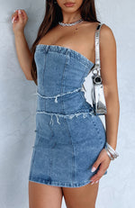 One More Love Denim Mini Dress Mid Washed Blue
