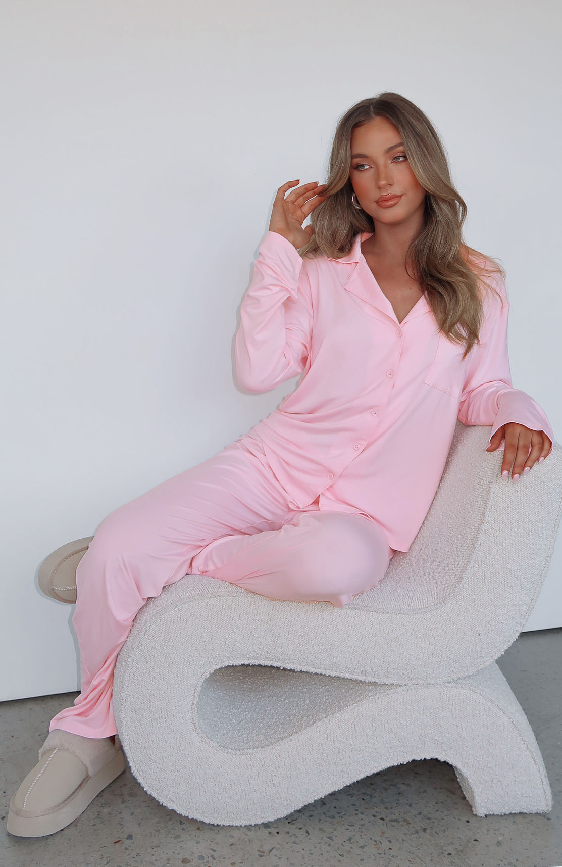 Pillow Talk Long Sleeve Pyjama Set Baby Pink White Fox Boutique US