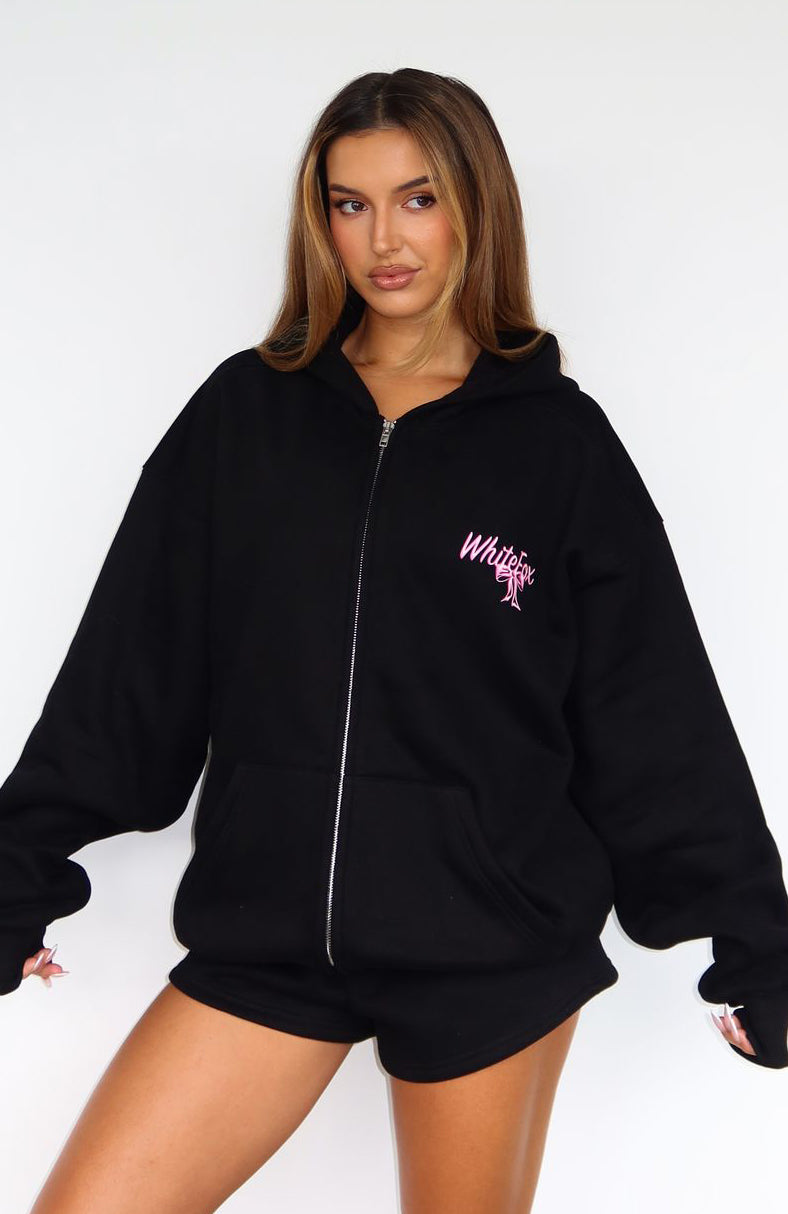 Protecting What's Mine Zip Front Hoodie Black | White Fox Boutique US