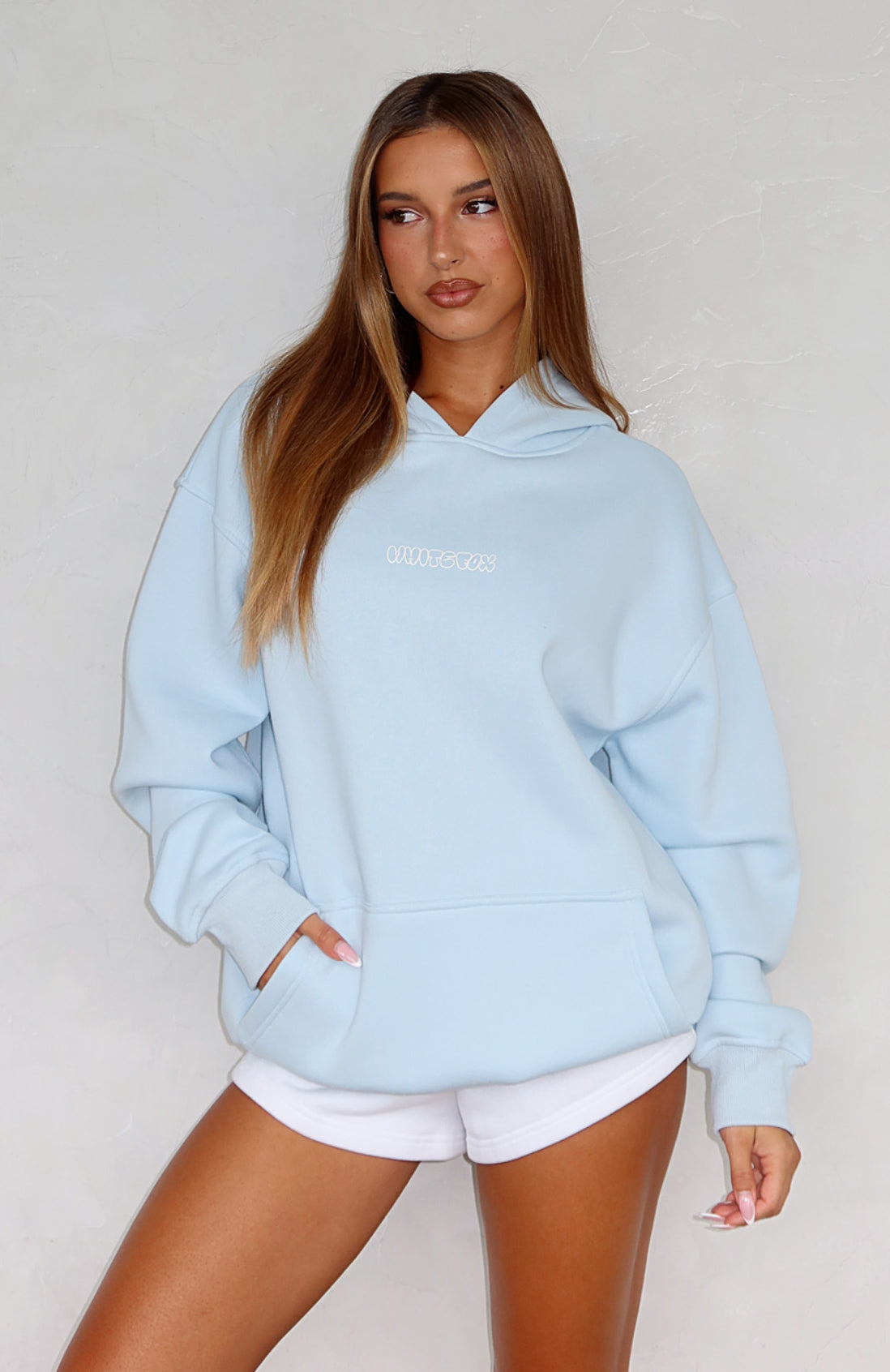 Take A Guess Oversized Hoodie Baby Blue White Fox Boutique US