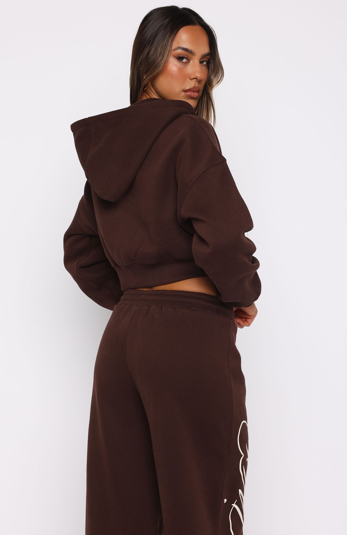 Love You Regardless Cropped Zip Front Hoodie Chocolate | White Fox