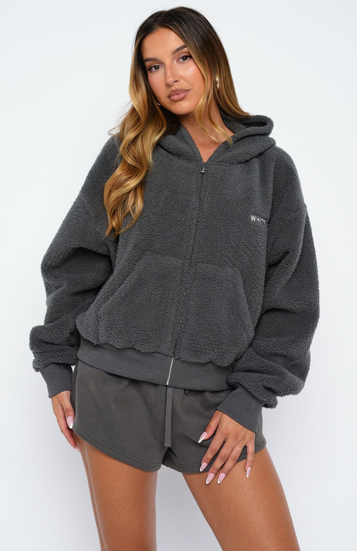 Always First Teddy Borg Boxy Zip Front Hoodie Charcoal | White Fox