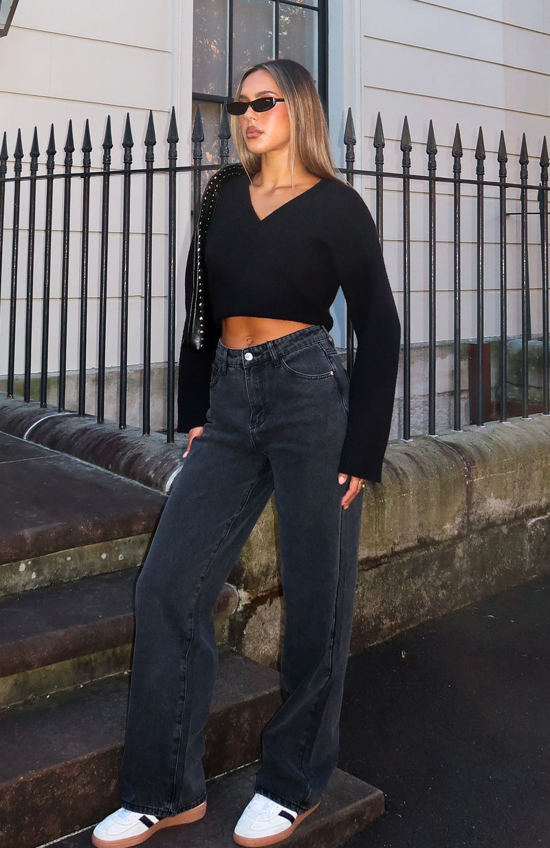 Bring The Style High Rise Wide Leg Jeans Black Acid Wash