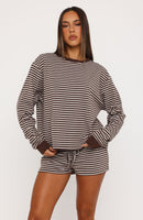 Touchdown Long Sleeve Tee Choc/Grey Marle Stripe